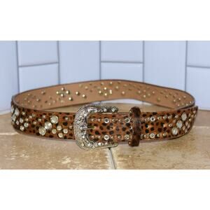 CARA New York Leather Belt Calf Hair Rhinestone Embellishments Western Buckle